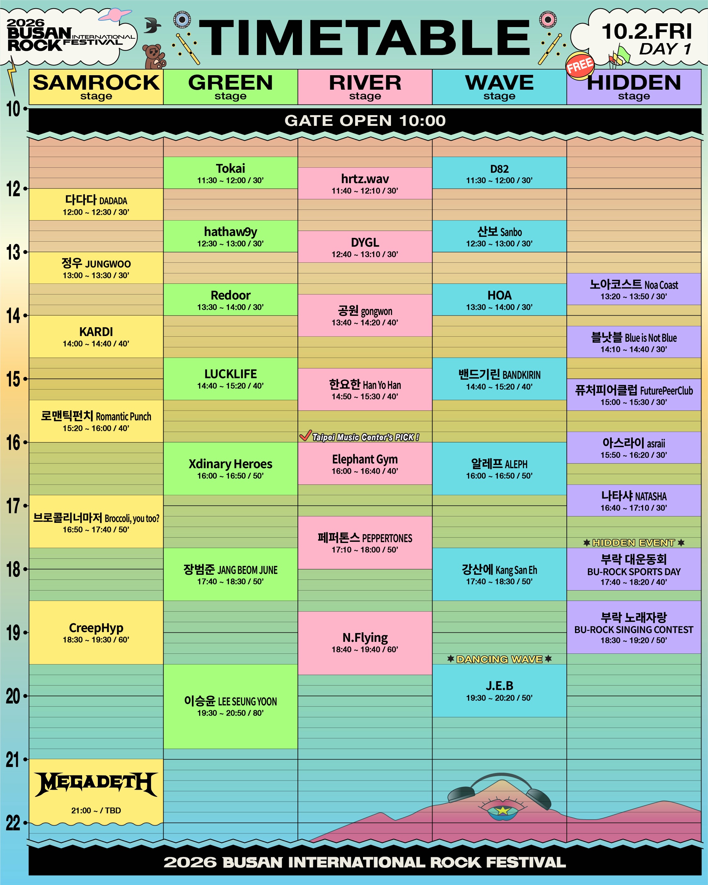 타임테이블 DAY1 (10/2) · 10/1 변경판 (헤드라이너 MEGADETH)