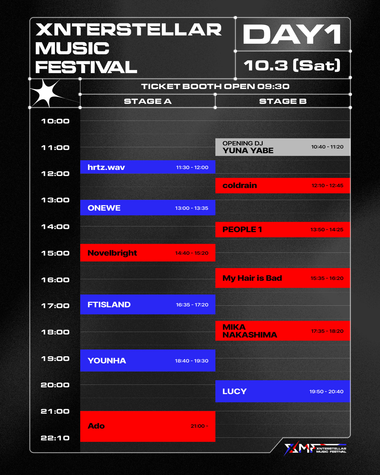 타임테이블 DAY1 (10.3 토) · STAGE A/B
